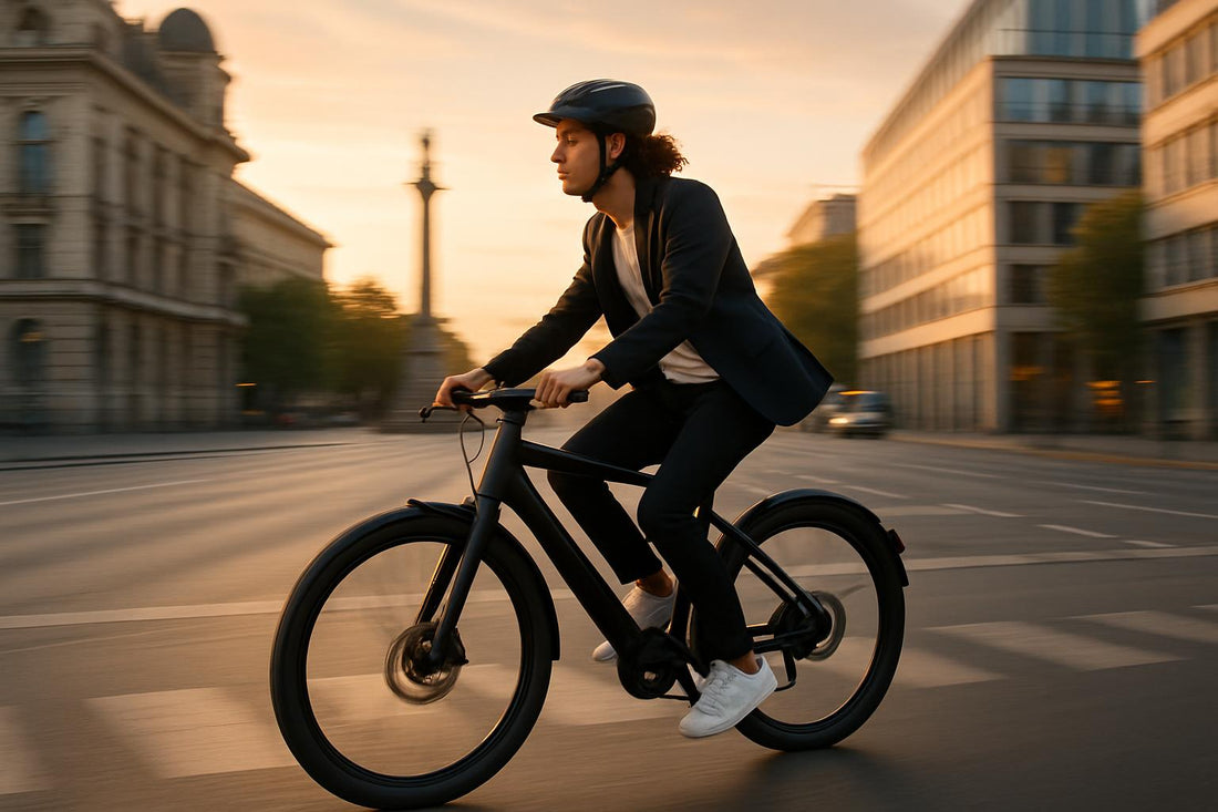 Commuting on her e-bike through a European city in 2025, illustrating if e-bikes are worth it for urban travel